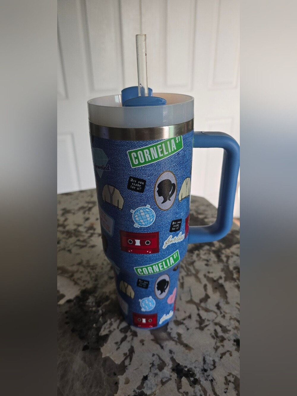 Taylor Swift Eras Tour 40 0z Blue Patterned Insulated Travel Mug with Handle